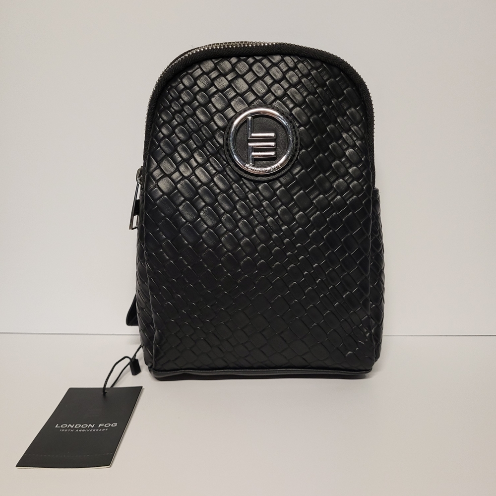 London Fog Broadway Double Compartment Woven Black Sling Crossbody Black NWT